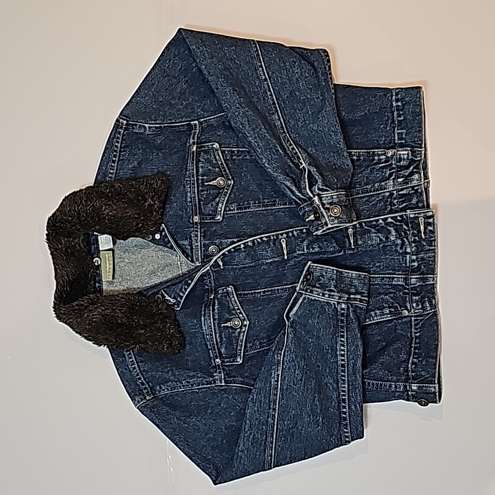 Liz Claiborne Jacket Dark Jean Denim Removable Fake Fur Collar Size Large